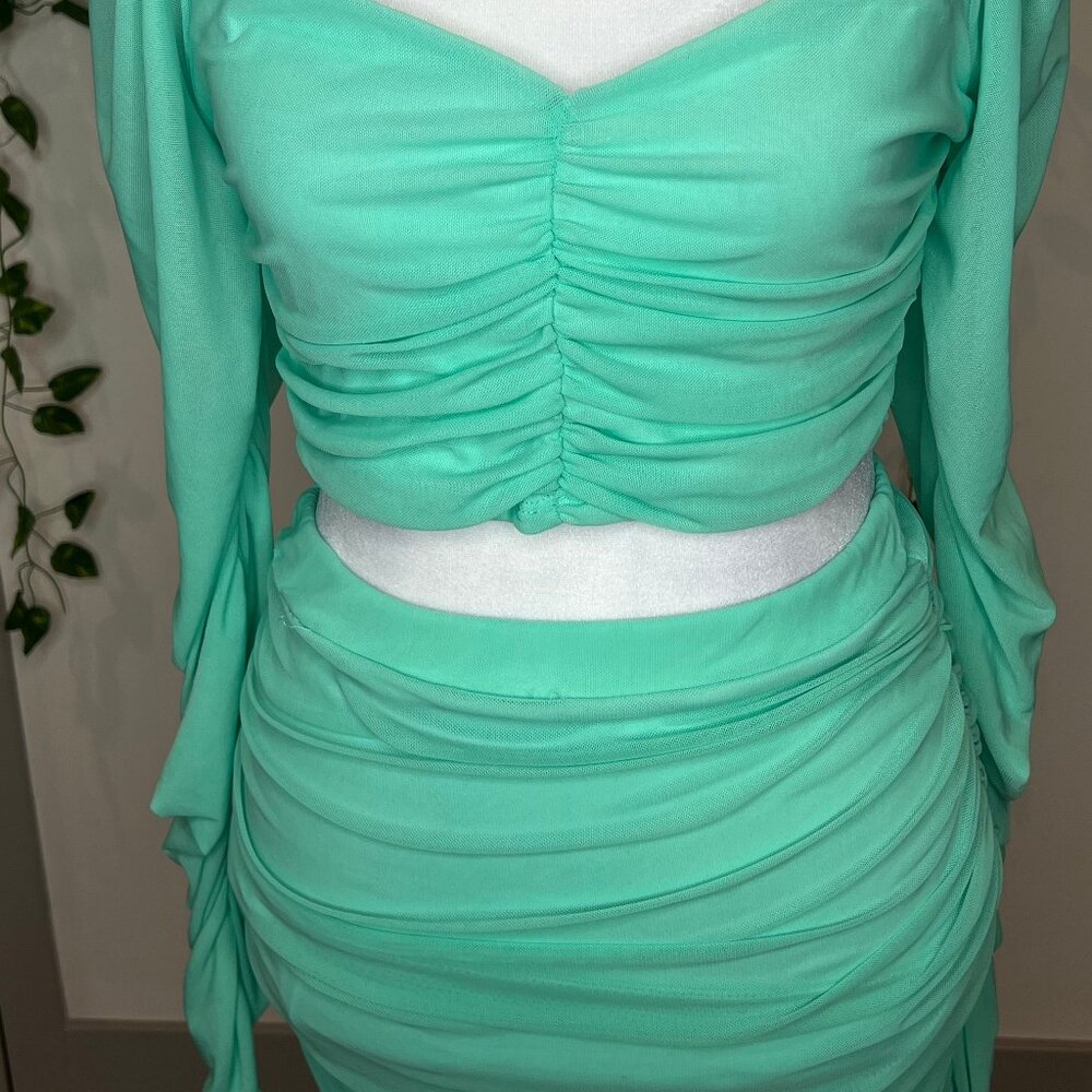 Fashion Nova Mini Ruched Skirt Set Size Medium - Mint